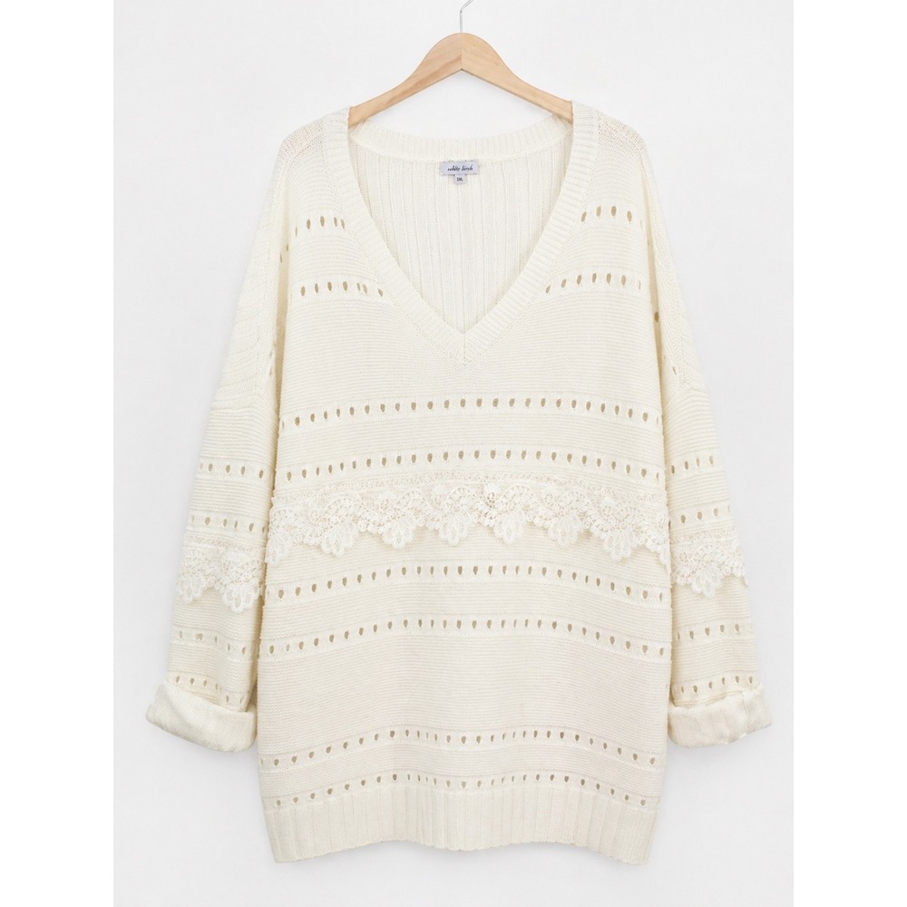 White Birch 3XL Cream Cotton Knit Sweater Lace Eyelet V Neck Oversized Boho